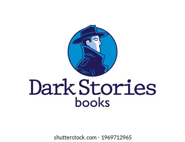 Templet for a logo of an editorial company, formed by the icon of a man wearing hat and coat, with a text that says: Dark Stories, books.