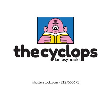 Plantilla para el logo de una compañía editorial, formada por el ícono de un ciclope leyendo un libro, con un texto que dice: Los libros de fantasía de los ciclistas.