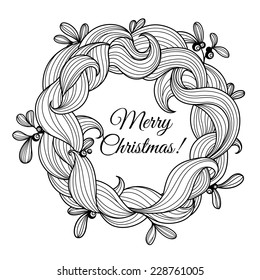 Templte greeting card with Christmas wreath of mistletoe. Vector illustration.
