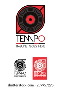 Tempo music logo, modern, simple and elegant logo template with a vinyl record, usable for all kinds of music related businesses. Available in full color, black and white.