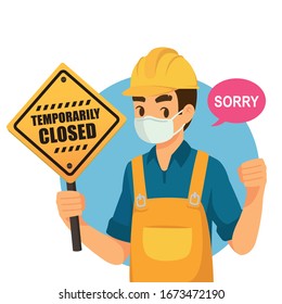 Temporarily closed because COVID-19. Worker with mask holding a sign. flat cartoon vector illustration isolated on white background