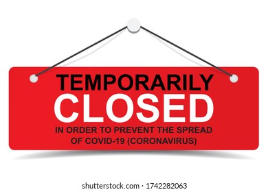 Temporarily closed red door sign in order to prevent the spread of covid-19 coronavirus outbreak vector. Door sign, sticker, laser cut for shop openning