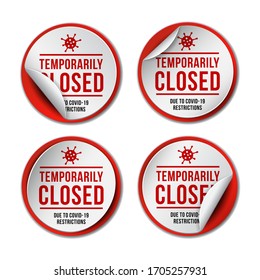 Temporarily closed sign of coronavirus news. Set of Information warning sign about quarantine measures in public places. Restriction and caution COVID-19. Vector illustration