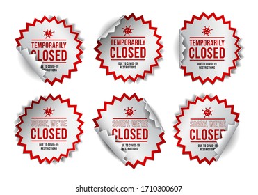 Temporarily closed sign of coronavirus news. Set of Information warning sign about quarantine measures in public places. Restriction and caution COVID-19. Vector illustration