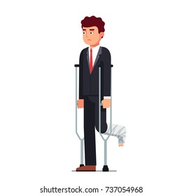 Temporarily Disabled Sad Business Man With Broken Leg Bandage Cast Walking Using Crutches. Unhappy Injured Corporate Office Worker Wearing Formal Suit. Flat Style Vector Illustration Isolated On White