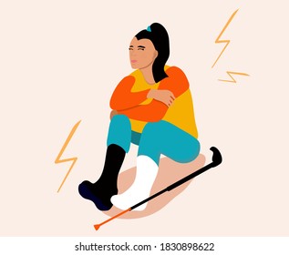 Temporarily disabled sad girl with broken leg with bandage is sitting.Crutches are around. Unhappy injured young woman. Ankle bone fracture or sprain with gypsum.Vector illustration in trendy colors