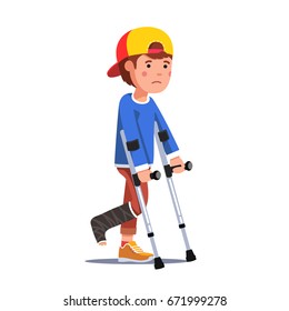 Temporarily Disabled Sad Teenage Boy With Broken Leg Bandage Cast Walking Using Crutches. Unhappy Injured School Kid In Baseball Cap. Flat Style Vector Illustration Isolated On White Background.