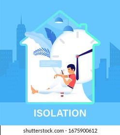 Temporarily self isolation concept. All stay at home during Covid-19. Self-isolate from a pandemic. Communication in social networks and messengers during Quarantine. Vector flat illustration