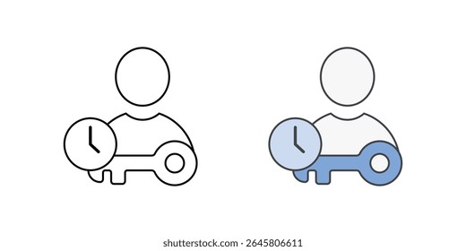 Temporary access granted icon with user, clock, and key, in outline and color styles, ideal for illustrating limited-time permissions, temporary account access, and IT security workflows.