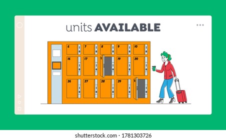 Temporary Bags Repository Service Landing Page Template. Female Character with Suitcase Bring Luggage to Storage. Numbered Lockers in Airport or Supermarket, Baggage Depot. Linear Vector Illustration