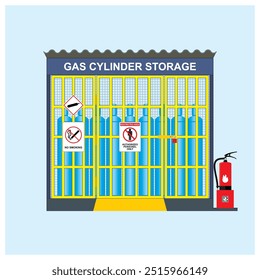 Armazenamento temporário designado de tubo de gás comprimido para ilustração vetorial da instalação de trabalho de construção. Com extintor de incêndio, placa de área restrita e sem conscientização sobre o fumo.