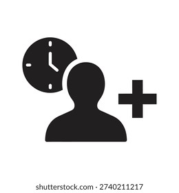 Temporary employee staff addition concept showing user silhouette with clock and plus sign representing overtime work shift extension hiring