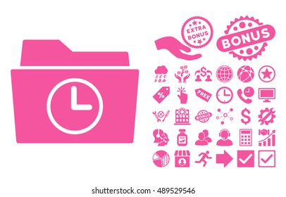 Temporary Folder pictograph with bonus images. Vector illustration style is flat iconic symbols, pink color, white background.