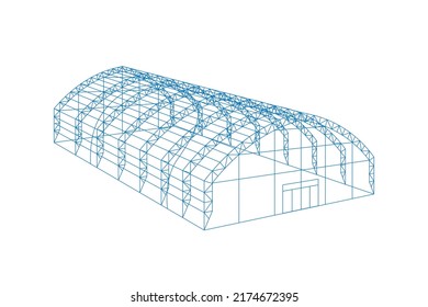 Temporary industrial 3d tent. Barn construction building wireframe. Awning tarpaulin warehouse hangar. Commercial exhibition tunnel hall. Factory production distribution or storage concept. Vector eps