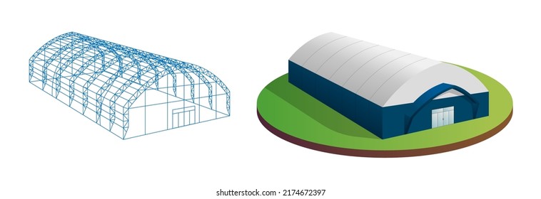 Conjunto de alambres para la construcción de graneros y tiendas de campaña de construcción de graneros. El hangar del almacén de lona dorada. Sala de túnel de exhibición comercial. Distribución de producción de fábrica o concepto de almacenamiento. Eps