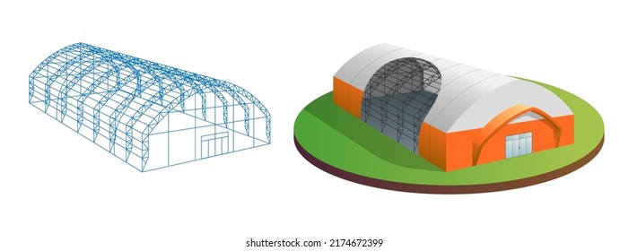 Temporary industrial 3d tent and barn construction building wireframe. Awning tarpaulin warehouse hangar. Commercial exhibition tunnel hall. Factory production distribution and storage design concept