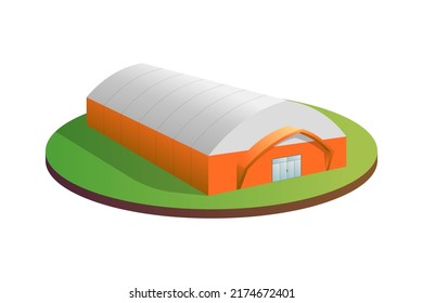 Temporary industrial tent 3d building. Awning tarpaulin warehouse hangar. Commercial exhibition tunnel hall barn construction. Factory production distribution goods or storage concept. Vector eps