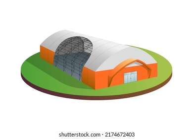 Temporary industrial tent 3d building with construction demonstration. Awning tarpaulin warehouse hangar. Commercial exhibition tunnel hall barn. Factory production distribution or storage eps concept