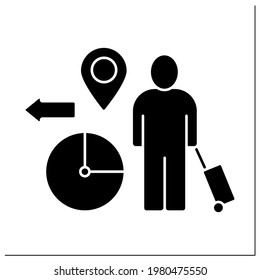 Symbol für temporäre Migration Rechtzeitige Umverteilung. Suche nach Arbeit. Einnahmen. Zwangsweise Bewegung ins Ausland. Rückwanderungskonzept.Ausgefülltes Flachzeichen. Isolierte Silhouette, Vektorgrafik