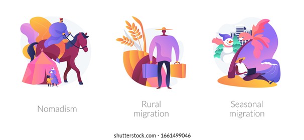 Temporary migration metaphors. Nomad lifestyle, rural and seasonal migration. Holiday vacation tourism. Changing settling place, moving to new location abstract concept vector illustration set.