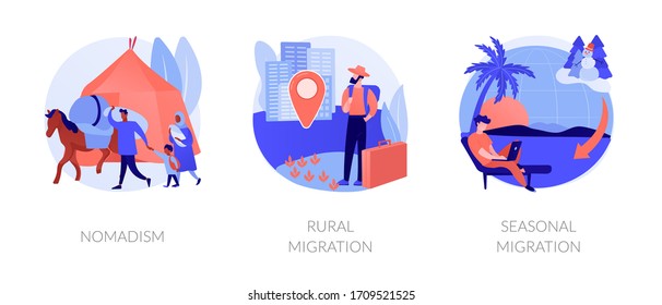 Temporary migration metaphors. Nomad lifestyle, rural and seasonal migration. Holiday vacation tourism. Changing settling place, moving to new location abstract concept vector illustration set.