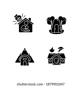 Temporary Safe Residence Black Glyph Icons Set On White Space. Domestic Violence Victims Support. Single-person Air Raid Shelter. Temporary Tent. Silhouette Symbols. Vector Isolated Illustration