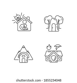 Juego de iconos lineales de residencia temporal seguro. Apoyo a las víctimas de la violencia. Refugio para incursiones aéreas de una sola persona. Símbolos de contorno de línea delgada personalizables. Ilustraciones aisladas del contorno vectorial. Trazo editable