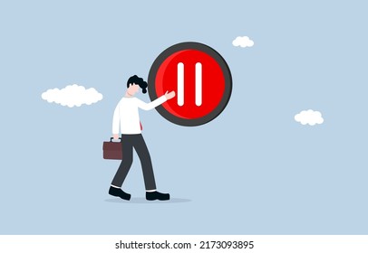 Temporary Suspension Of Business Activity Due To Economic Recession Or Financial Crisis, Entrepreneur Decision Concept. Sad Businessman Owner Heading Down To Press Pause Button. 