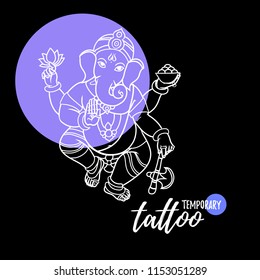 Temporary tatoo layout. Cartoon vector elephant head God Ganesha. Invitation cards Dawali Holiday or Ganesh Chaturthi. 