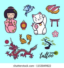 Temporary tattoo layout. Cartoon doodle  set of japan symbols: cat, doll, sushi, paper bird, fish, dragon, bansai tree, paper lamp and flower of sakura