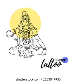 Temporary tattoo layout. Cartoon doodle Lord Shiva sitting in meditation. 
