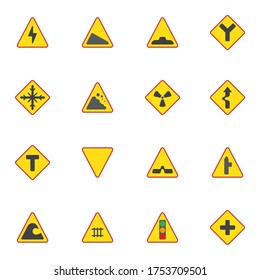 Temporary traffic restrictions elements collection, driving, prohibition signs flat icons set, Colorful symbols pack contains - stop information, road direction. Vector illustration. Flat style design