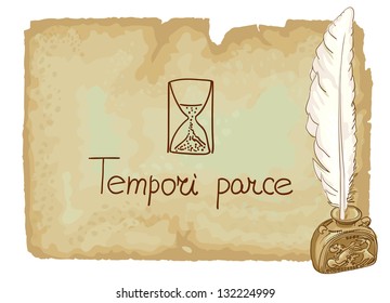 Tempori parce - is a Latin term about Save a time. Vector illustration.