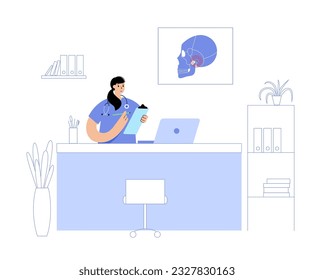 Temporomandibular joint disorder. TMD or TMJ dysfunction.Consultation with doctor. Pain in the jaw joint, temporal bone locking. Transcutaneous electrical nerve stimulation. Human skull flat vector