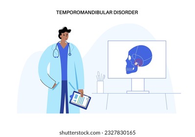 Temporomandibular joint disorder. TMD or TMJ dysfunction.Consultation with doctor. Pain in the jaw joint, temporal bone locking. Transcutaneous electrical nerve stimulation. Human skull flat vector