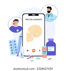 Temporomandibular joint disorder. TMD or TMJ dysfunction.Consultation with doctor online. Pain in the jaw joint, temporal bone locking. Transcutaneous electrical nerve stimulation. Human skull vector