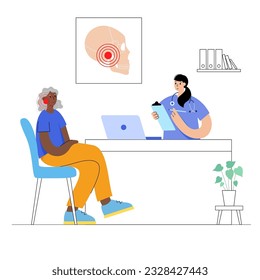 Temporomandibular joint disorder. TMD or TMJ dysfunction.Consultation with doctor. Pain in the jaw joint, temporal bone locking. Transcutaneous electrical nerve stimulation. Human skull flat vector