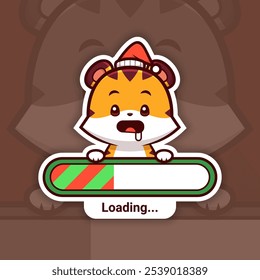 Tempted Christmas Tiger Holding a Loading Bar, Cute Vector Sticker Design