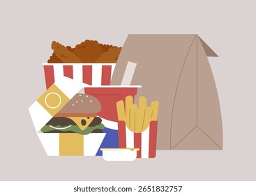 A tempting bucket of golden chicken wings sits alongside crispy fries and a juicy burger within a vibrant fast food setting, perfect for a cheat meal dining