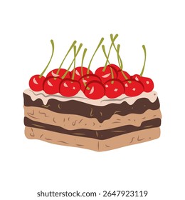 A tempting cake topped with fresh cherries, smooth chocolate drip, and fluffy whipped cream against a transparent background, ideal for dessert and celebration themes.