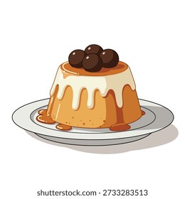A tempting caramel pudding dessert, adorned with creamy white sauce and dark chocolate balls, served on a white plate.