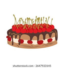 Een verleidelijke kersencake met chocoladeglazuur en roomvulling op een transparante achtergrond maakt deze illustratie perfect voor menu's of foodblogs.