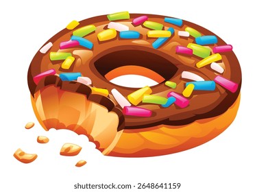 Esmagamento de rosquinha de chocolate com polvilhos coloridos e uma mordida perdida, mostrando seu delicioso interior macio. Ilustração de desenho animado vetorial