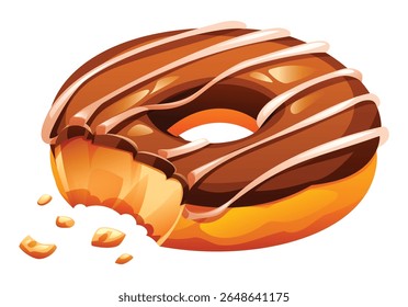 Tempting chocolate frosted donut with white icing stripes and missing bite, showing its delicious soft interior. Vector cartoon illustration