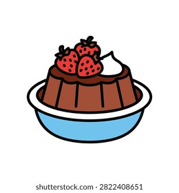 A tempting chocolate pudding served in a blue bowl, topped with fresh strawberries and a dollop of whipped cream.