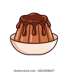 A tempting chocolate pudding served in a white bowl, topped with rich chocolate sauce.