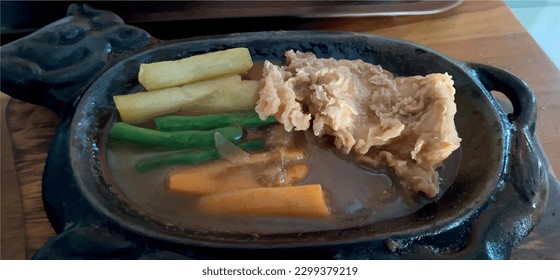 Tempting close-up of sizzling hot plate chicken teriyaki. Perfectly grilled with savory sauce, ideal for Japanese cuisine and food industry concepts