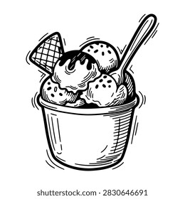 A tempting ice cream sundae featuring multiple scoops, toppings, and a spoon, perfect for dessert or treat imagery.