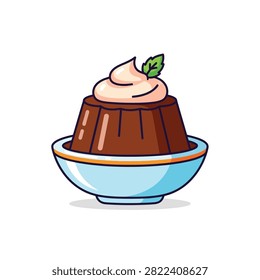 A tempting illustration of a chocolate pudding served in a bowl, topped with whipped cream and a fresh mint leaf.
