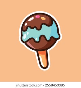 A tempting illustration of a chocolate-covered ice cream bar on a stick, adorned with blue drizzle. Ideal for dessert promotions and summer treats.